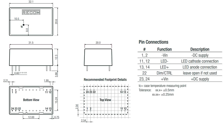 Mechanical Drawing - RECOM Power RCDE-48 Constant Current Buck LED Drivers